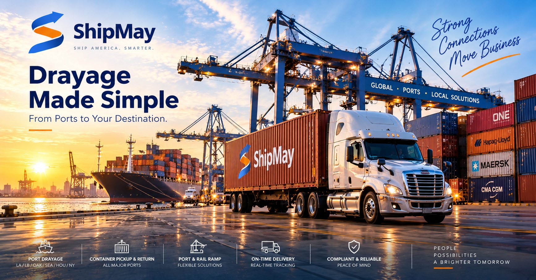 ShipMay drayage truck picking up a container at the port