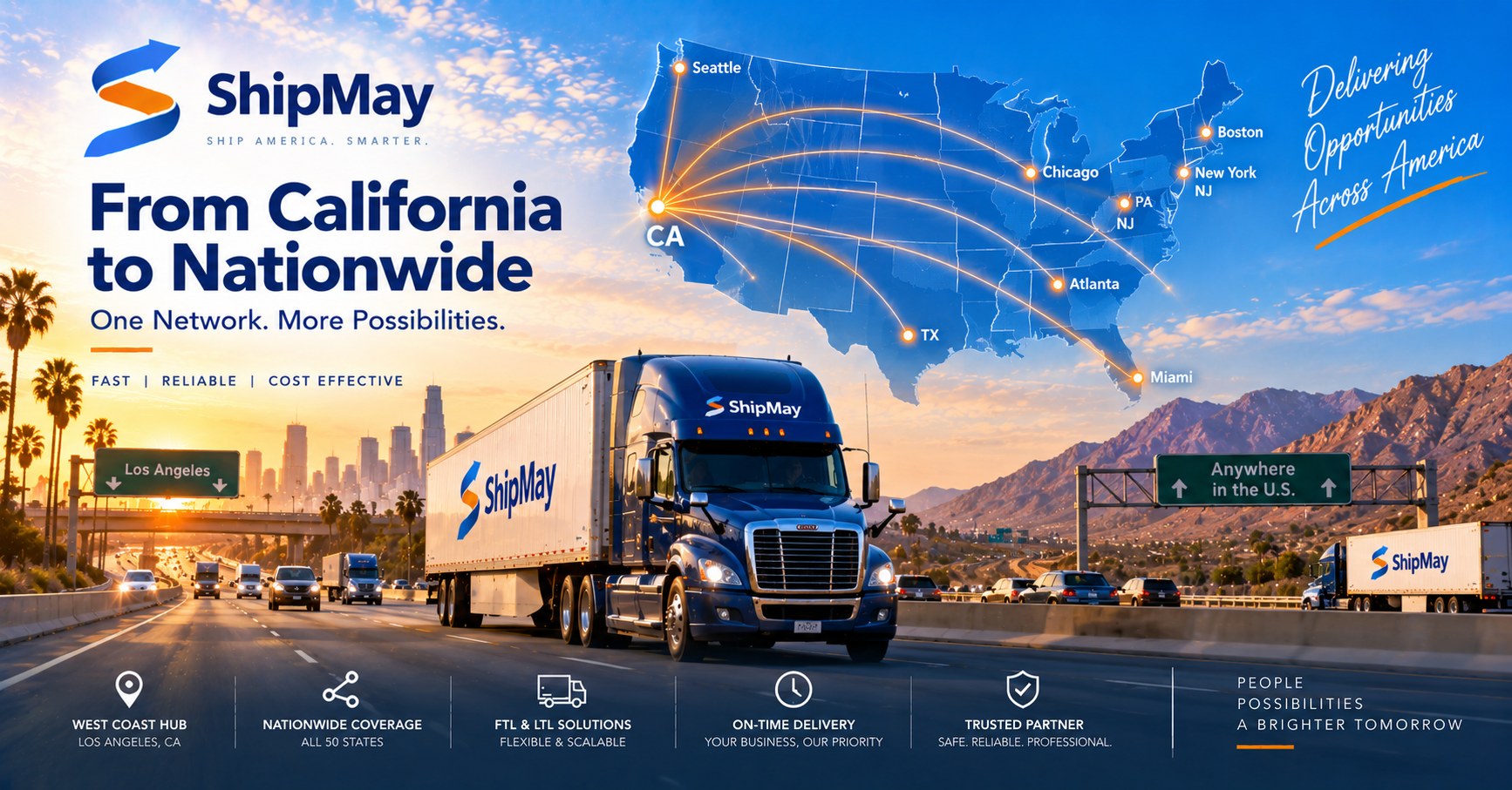 ShipMay 卡车行驶在洛杉矶附近的5号州际公路上，覆盖全美的拖柜与卡车网络