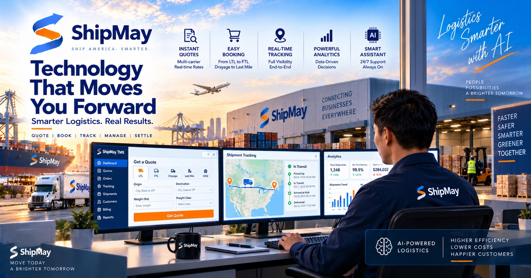 ShipMay TMS quote screen showing origin, destination, weight, and freight class fields