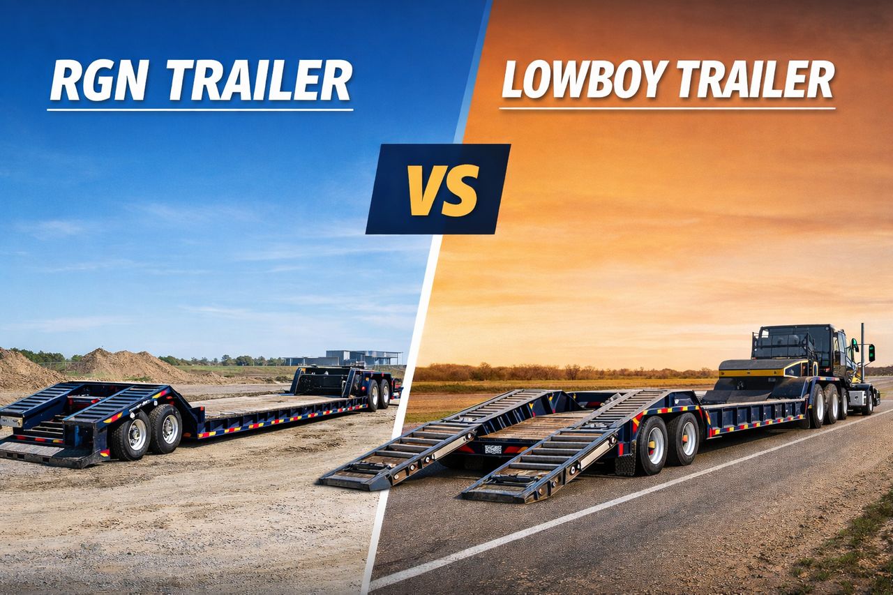 RGN trailer compared side-by-side with a Lowboy trailer loading heavy equipment